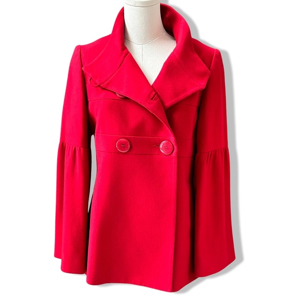 Women's Periphery Red Pea Coat with Dramatic Long Bell Sleeves in Size 6 - Picture 10 of 14